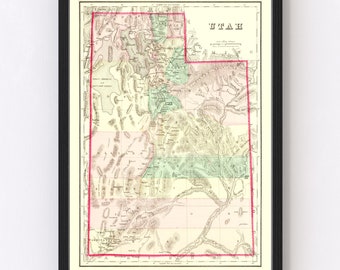 Utah Map 1876 - Old Map of Utah Art Vintage Print Framed Wall Art Canvas Portrait UT History Genealogy Farmhouse Décor