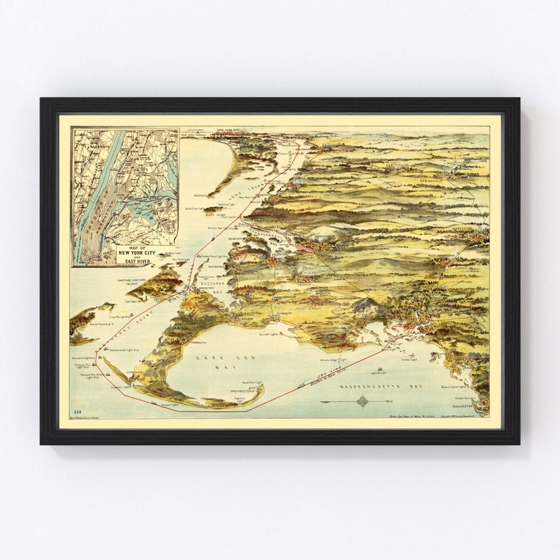 May include: A vintage map of Long Island, New York, showing the coastline and surrounding areas. The map is in a black frame and features a detailed illustration of the landscape, including waterways, towns, and landmarks. The map is titled "Map of New York City East River" in the upper left corner.