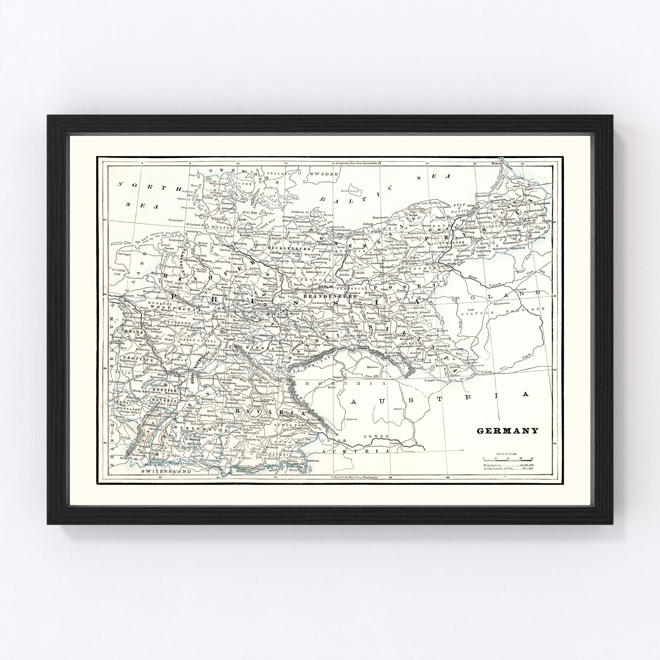 Germany Map 1893, Vintage Germany Map, Old Germany Art, Wall Art Gift for Germany History Lovers Retro Decor
