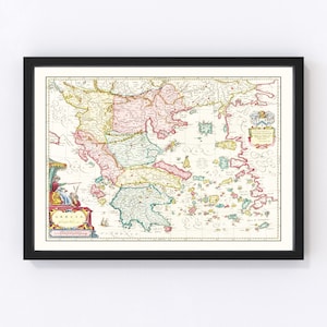 Greece Map 1665, Vintage Greece Map, Old Greece Art, Wall Art Gift for Greece History Lovers Retro Decor