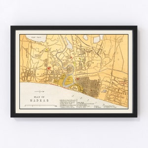 May include: An antique map of Madras, India, printed in yellow, brown, and red. The map shows the city's layout with streets, buildings, and landmarks. The title "PLAN OF MADRAS" is printed at the bottom of the map.