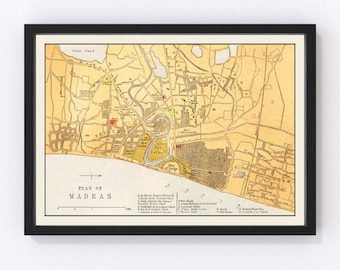 May include: An antique map of Madras, India, printed in yellow, brown, and red. The map shows the city's layout with streets, buildings, and landmarks. The title "PLAN OF MADRAS" is printed at the bottom of the map.