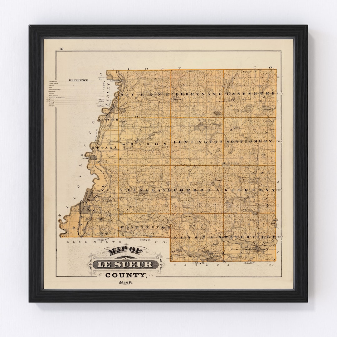 Le Sueur County MN Map 1874 Old Map of Le Center Minnesota Art Vintage