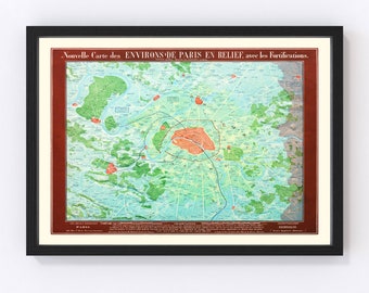 Paris Map 1843 - Old Map of Paris France Art Vintage Print Framed Wall Art Canvas Portrait History Genealogy Travel Ancestry