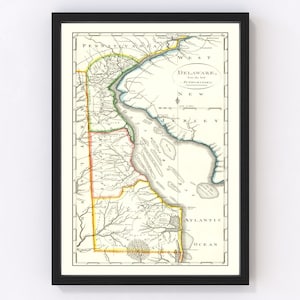 May include: An antique map of Delaware from the late 18th century. The map is framed in black and features a detailed outline of the state with rivers, towns, and counties labeled. The map is titled "DELAWARE, from the best Authorities."