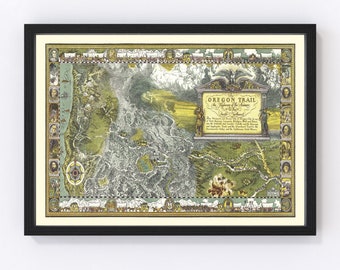 May include: A vintage map of the Oregon Trail, featuring a detailed illustration of the route, with text describing the journey westward. The map is framed in black and has a gold border.