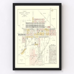 May include: Vintage map of West Unity, Brady Twp., Ohio. The map shows the layout of the town with streets, blocks, and property lines. It is printed in black, red, yellow, and blue ink on a white background.