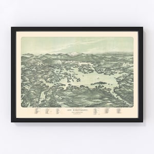 Lake Winnipesaukee Map 1909 - Old Map of Lake Winnipesaukee New Hampshire Art Vintage Print Framed Canvas Birds Eye View Portrait