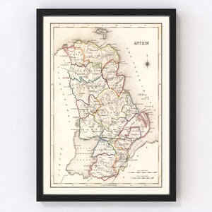 Antrim County Ireland Map 1846 - Old Map of Antrim County Ireland Ireland Art Vintage Print Framed Wall Art Canvas Portrait  History