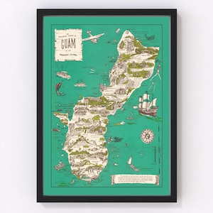 May include: A vintage illustrated map of Guam, a U.S. territory in the Mariana Islands. The map features a detailed outline of the island with various landmarks and points of interest depicted in a colorful style. The map is set against a turquoise background and includes a compass rose and a small airplane.