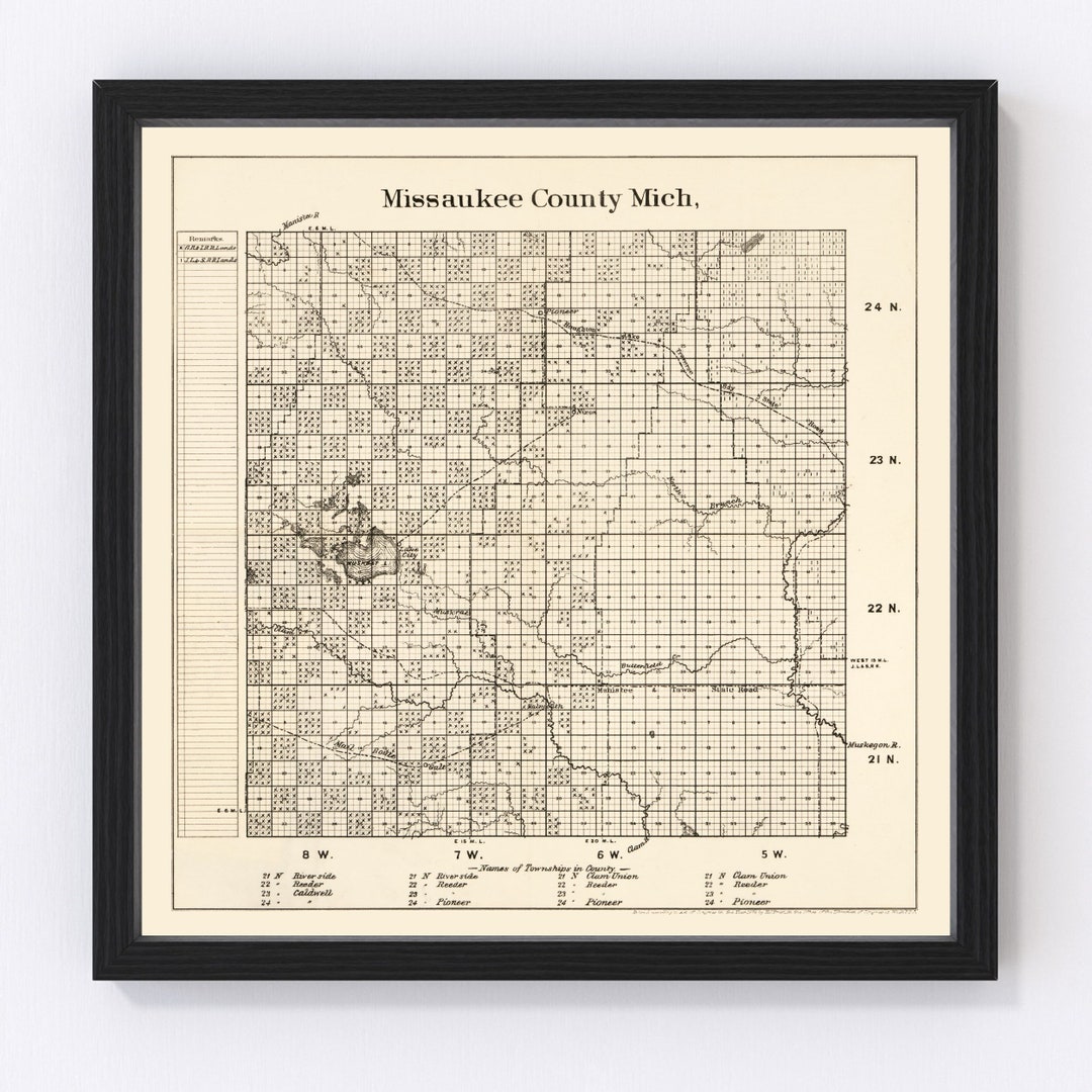 Missaukee County Michigan Map 1878 Old Map of Missaukee County Michigan Art Vintage Print Framed