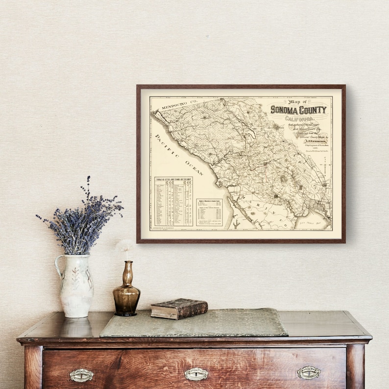 Sonoma County CA Map 1902 - Old Map of California Art Vintage Print Framed Canvas Portrait History Genealogy Farmhouse Décor image 2