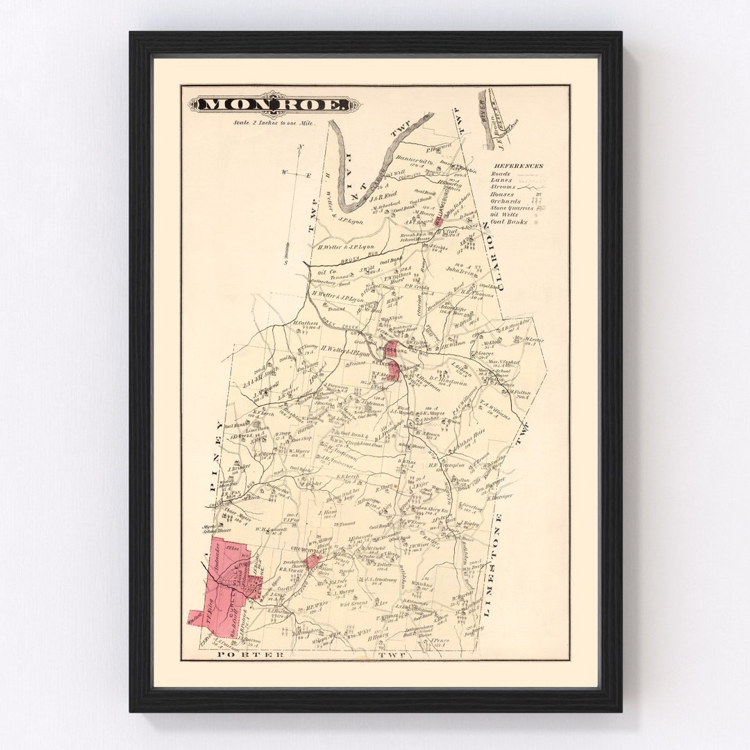 Monroe Map 1877 Old Map of Monroe Pennsylvania Art Vintage Print Framed Canvas Portrait History