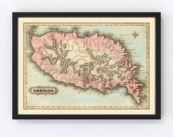 Grenada Map 1823, Vintage Grenada Map, Old Grenada Art, Wall Art Gift for Grenada History Lovers Retro Decor