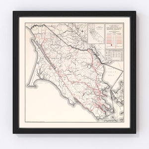 May include: A vintage map of Marin County, California, showing roads and towns. The map is in black and white with red markings for roads and towns. The map is framed in black.