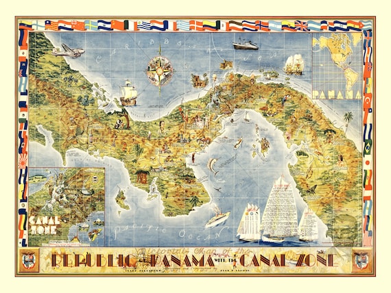 Panama Map Art - Vintage Print From 1939 - Old Panama Art - Framed