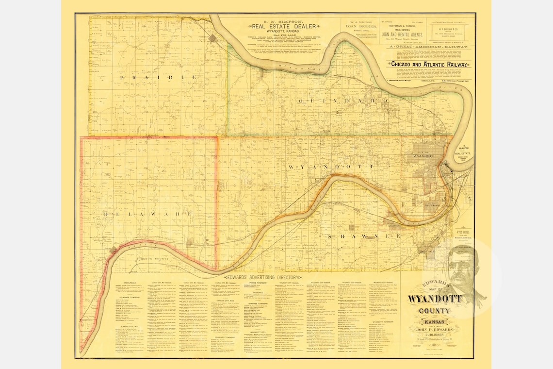 Vintage Wyandotte County Map 1885 Old Map of Wyandotte Etsy