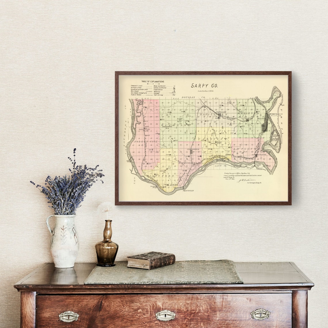 Sarpy County NE Map 1885 Old Map of Papillion Nebraska Art Etsy