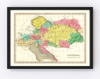 Austria Map 1831, Vintage Austria Map, Old Austria Art, Wall Art Gift for Austria History Lovers Retro Decor