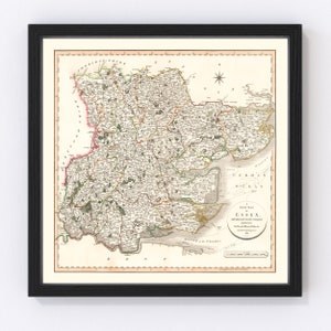 Essex County England Map 1801, Vintage Essex County England Map, Old Essex County England Art, Wall Art Gift for Essex County England Histor