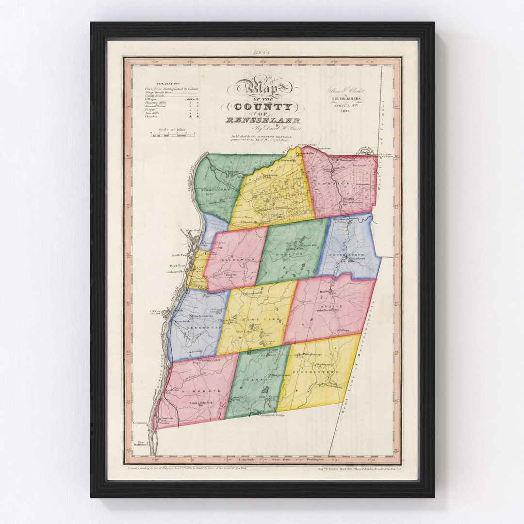 Rensselaer County Map 1839, Vintage Rensselaer County Map, Old ...