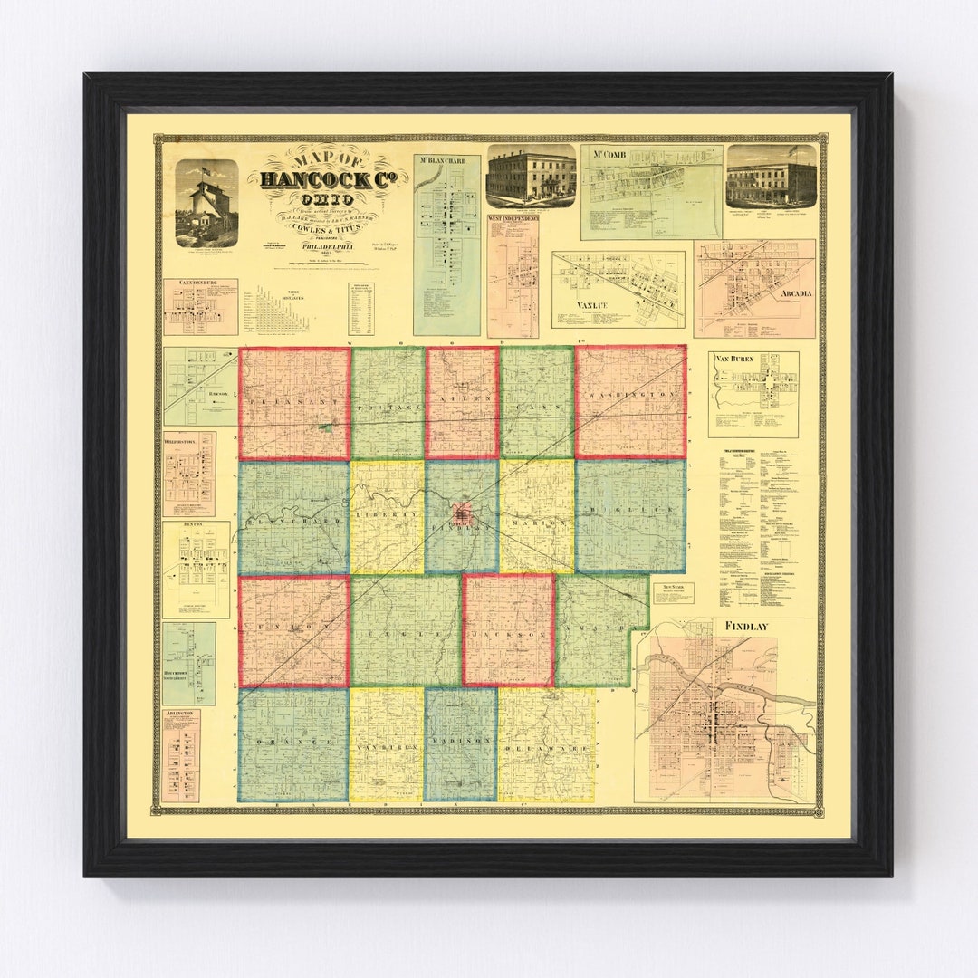 Hancock County Ohio Map 1863 Old Map of Hancock County Ohio Art Vintage 