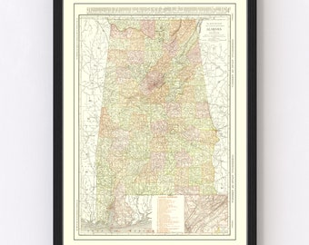 May include: A vintage map of Alabama from the Commercial Atlas of America, 1914. The map shows the state's counties, cities, and railroads. The map is printed in shades of brown, green, and red.