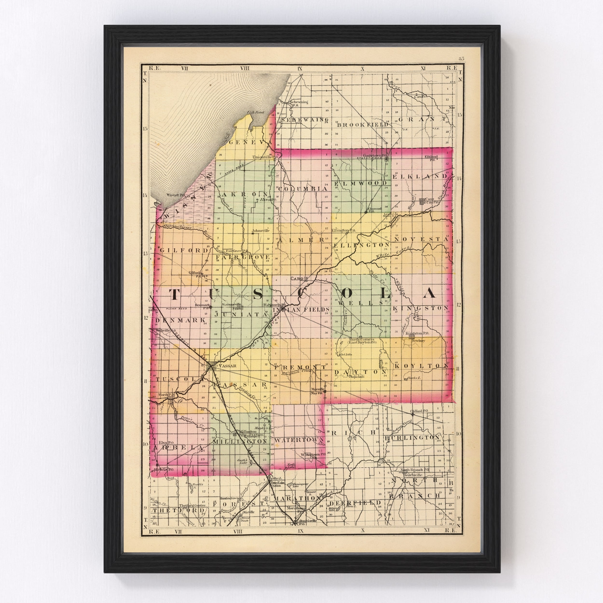 Tuscola County MI Map 1873 Old Map of Caro Michigan Art Etsy Singapore