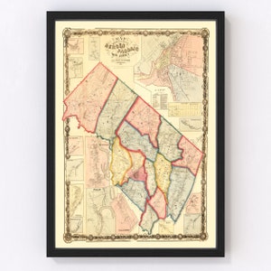 Bergen County New Jersey Map 1861 - Old Map of Bergen County New Jersey Art Vintage Print Framed Canvas Portrait History Genealogy
