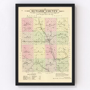 May include: A vintage map of Seward County, Nebraska, printed in black, red, green, and yellow. The map shows the county's townships and precincts, with the text "Seward County" at the top.