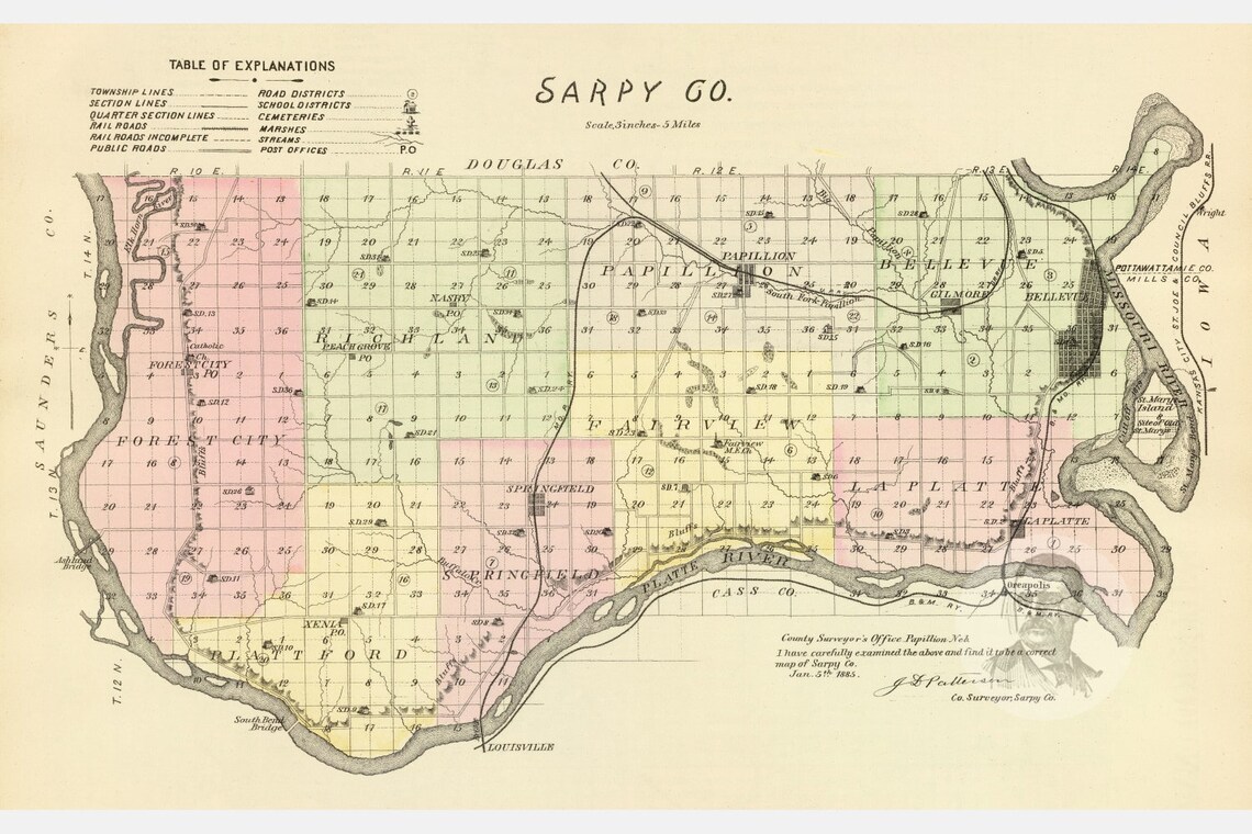 Vintage Sarpy County NE Map 1885 Old Nebraska Map Etsy