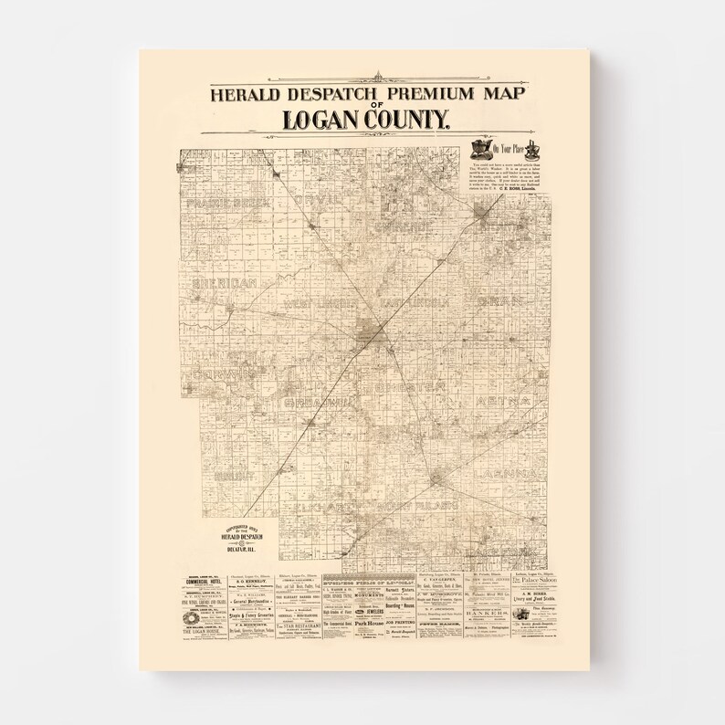 Logan County Map 1893, Vintage Logan County Map, Old Logan County ...