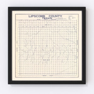 May include: A vintage map of Lipscomb County, Texas, showing the county's boundaries, roads, and other features. The map is printed on a cream-colored paper and has a blue grid pattern.