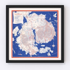 May include: A vintage map of Mount Desert Island and Acadia National Park in Maine. The map is printed on blue paper with red and white details. The map shows the island's roads, towns, and points of interest. The map is titled "A Map of Mount Desert Island and Acadia National Park, Maine, 1930."