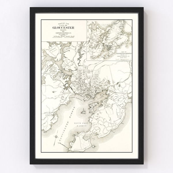 Gloucester Map 1919 - Old Map of Gloucester Massachusetts Art Vintage Print Framed Canvas Portrait History Genealogy Farmhouse Décor