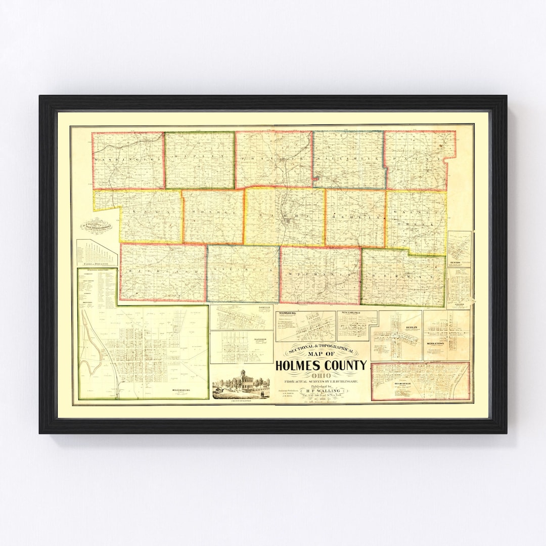 Holmes County Ohio Map 1861 Old Map of Holmes County Ohio Art Vintage