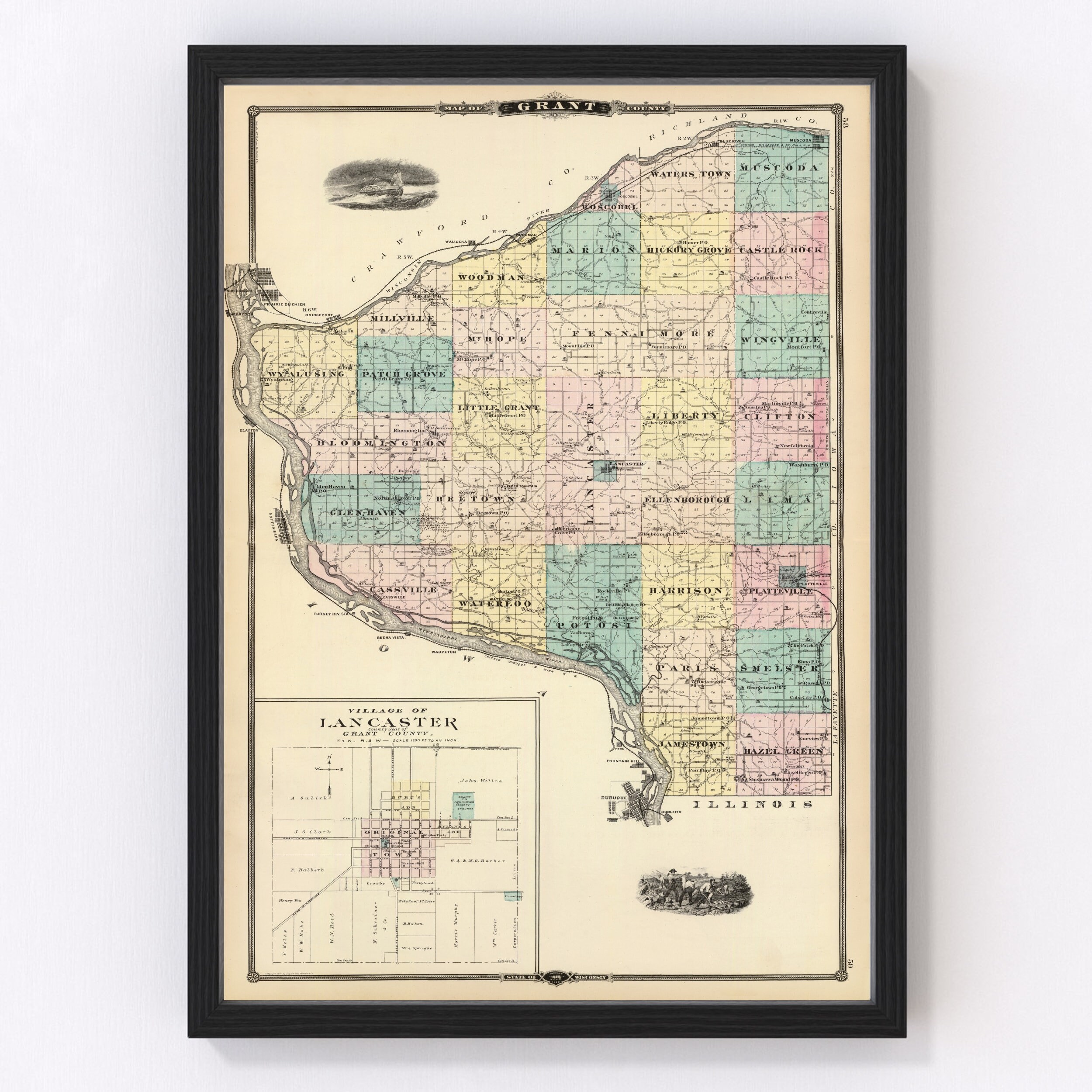 Grant County Map 1878, Vintage Grant County Map, Old Grant County Wisconsin Art, Wall Art Gift for Grant County History Lovers Retro Decor