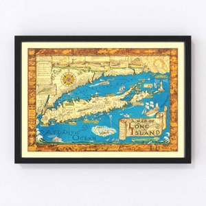 Long Island Map 1933 - Old Map of Long Island New York Art Vintage Print Framed Canvas Portrait History Genealogy Farmhouse Décor