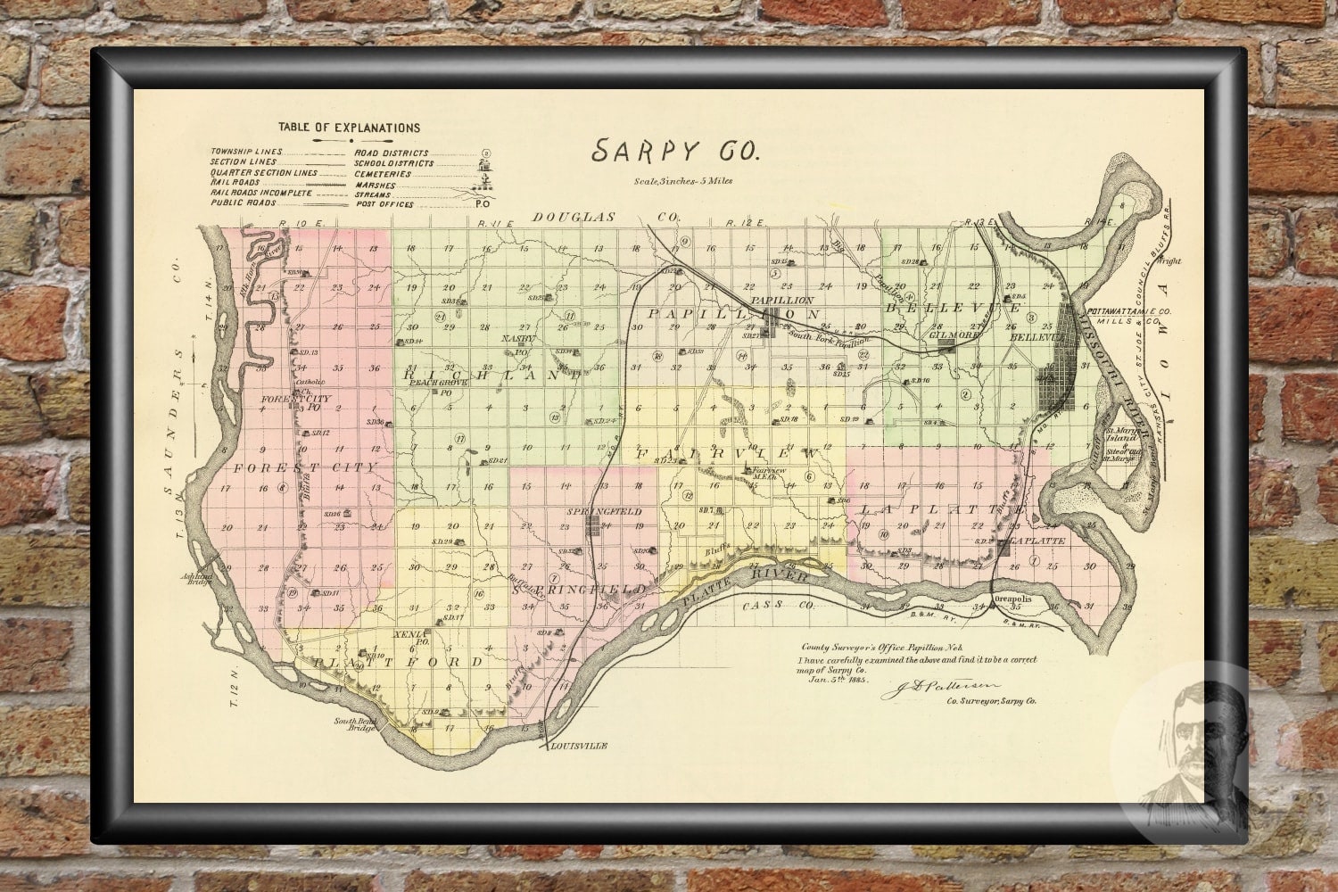 Vintage Sarpy County NE Map 1885 Old Nebraska Map Etsy