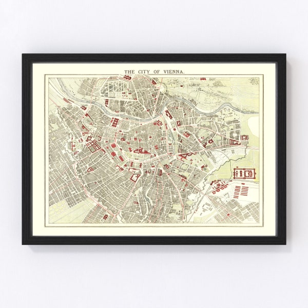 Vienna Map 1883 - Old Map of Vienna Austria Art Vintage Print Framed Wall Art Canvas Portrait History Genealogy Travel Ancestry