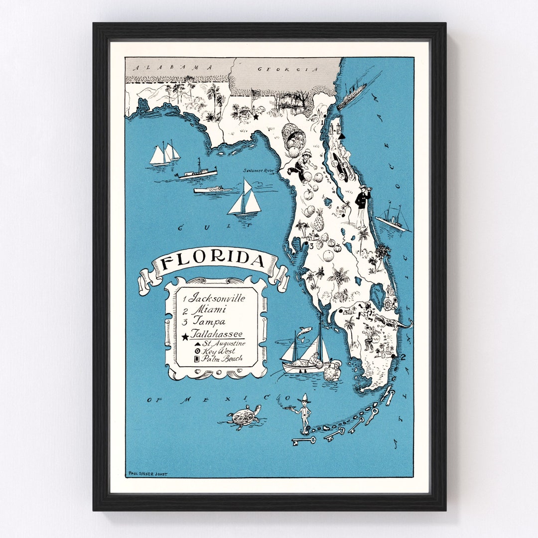 Florida Map 1931 Old Map of Florida Art Vintage Print Framed Wall Art ...