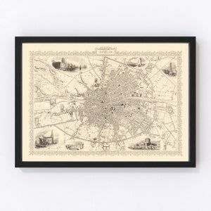 Dublin Map 1851, Vintage Dublin Map, Old Dublin Art, Wall Art Gift for Dublin History Lovers Retro Decor