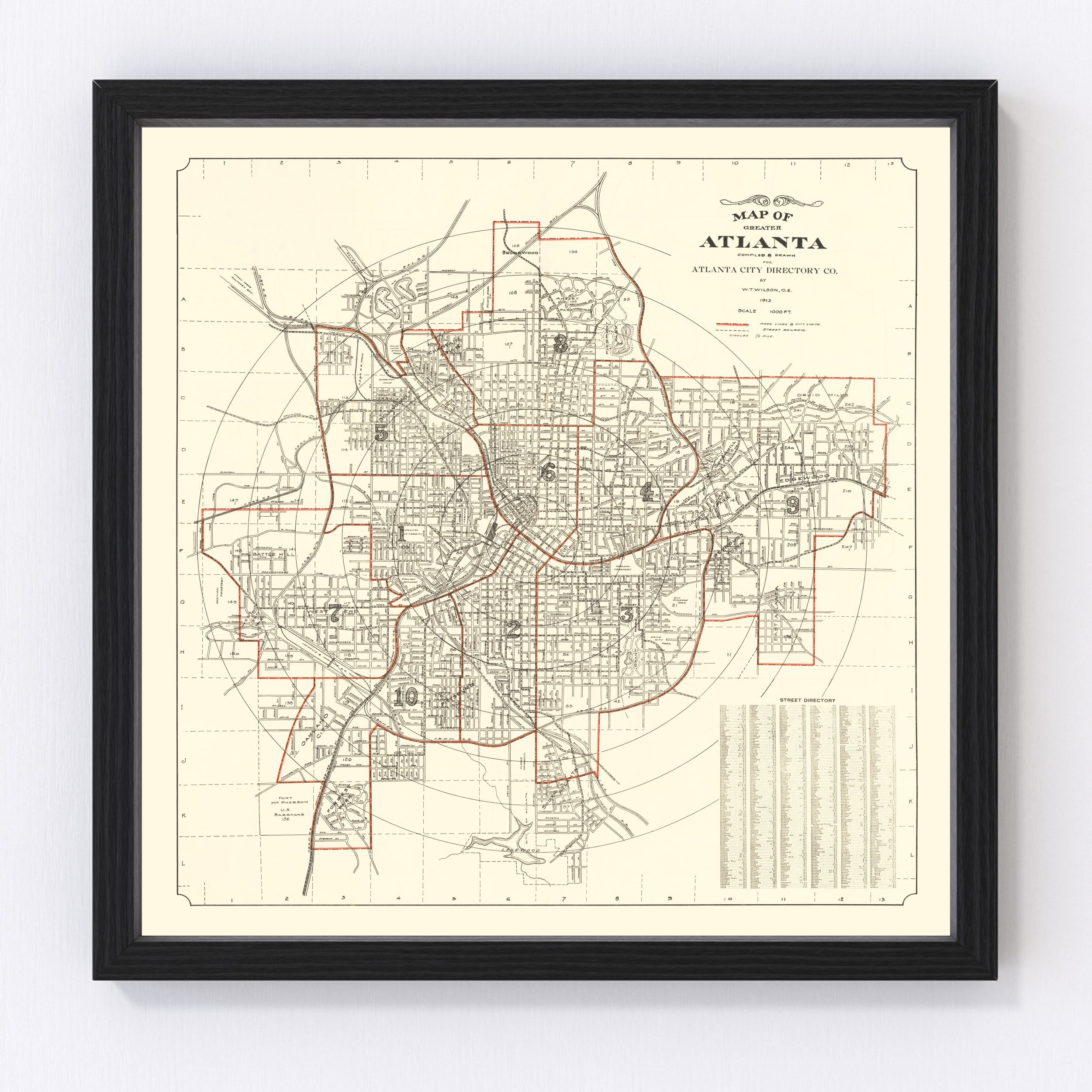 Atlanta Map 1912 - Old Map of Atlanta Georgia Art Vintage Print Framed Canvas Portrait History Genealogy Farmhouse Décor