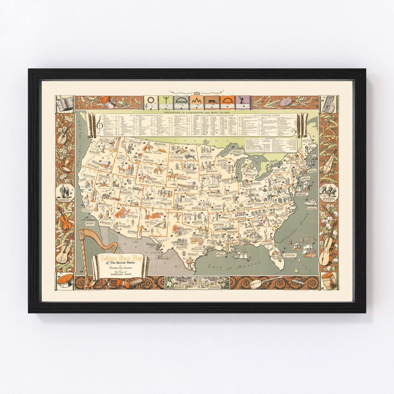 Vintage Folklore Music Map of the United States 1946 Framed Wall Art