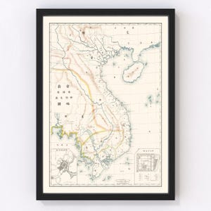 Vietnam  Map 1881 - Old Map of Cambodia & Vietnam Art Vintage Print Framed Wall Art Canvas Portrait  History Genealogy Travel Ancestry