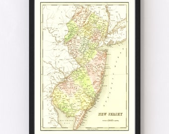 New Jersey Map 1838 - Old Map of New Jersey Art Vintage Print Framed Wall Art Canvas Portrait NJ History Genealogy Farmhouse Décor