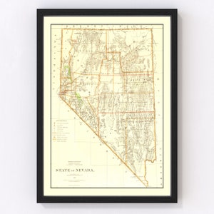 Nevada Map 1876, Vintage Nevada Map, Old Nevada Art, Wall Art Gift for Nevada History Lovers Retro Decor