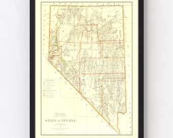 Nevada Map 1876 - Old Map of Nevada Art Vintage Print Framed Wall Art Canvas Portrait NV History Genealogy Farmhouse Décor