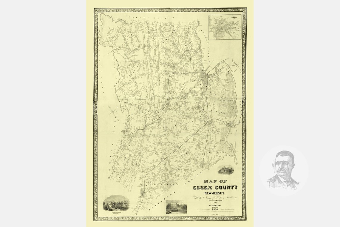 Vintage Essex County Map 1850 Essex County NJ Land Ownership Etsy