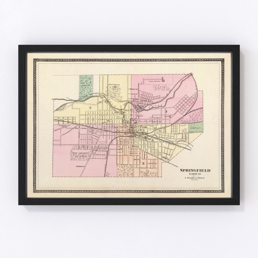 Springfield Map 1872 Old Map of Springfield Ohio Art Vintage